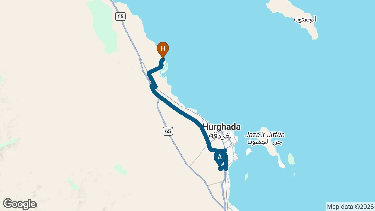 Driving route from Hurghada Airport to Ali Pasha Hotel